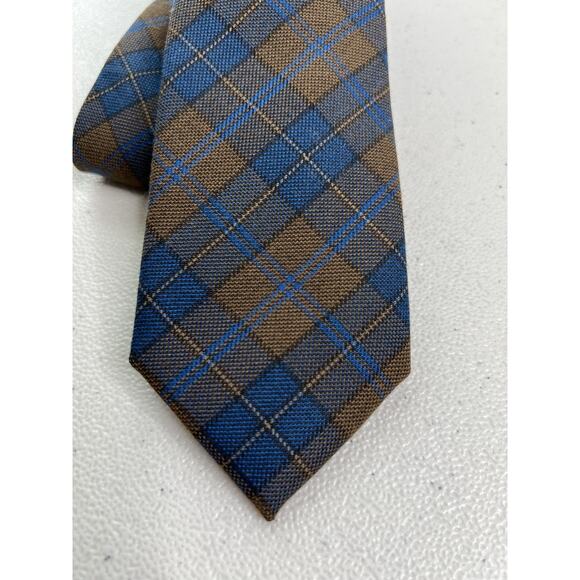 Public Opinion Brown and Blue Plaid Wool/Polyester Designer Skinny Tie - Picture 2 of 7